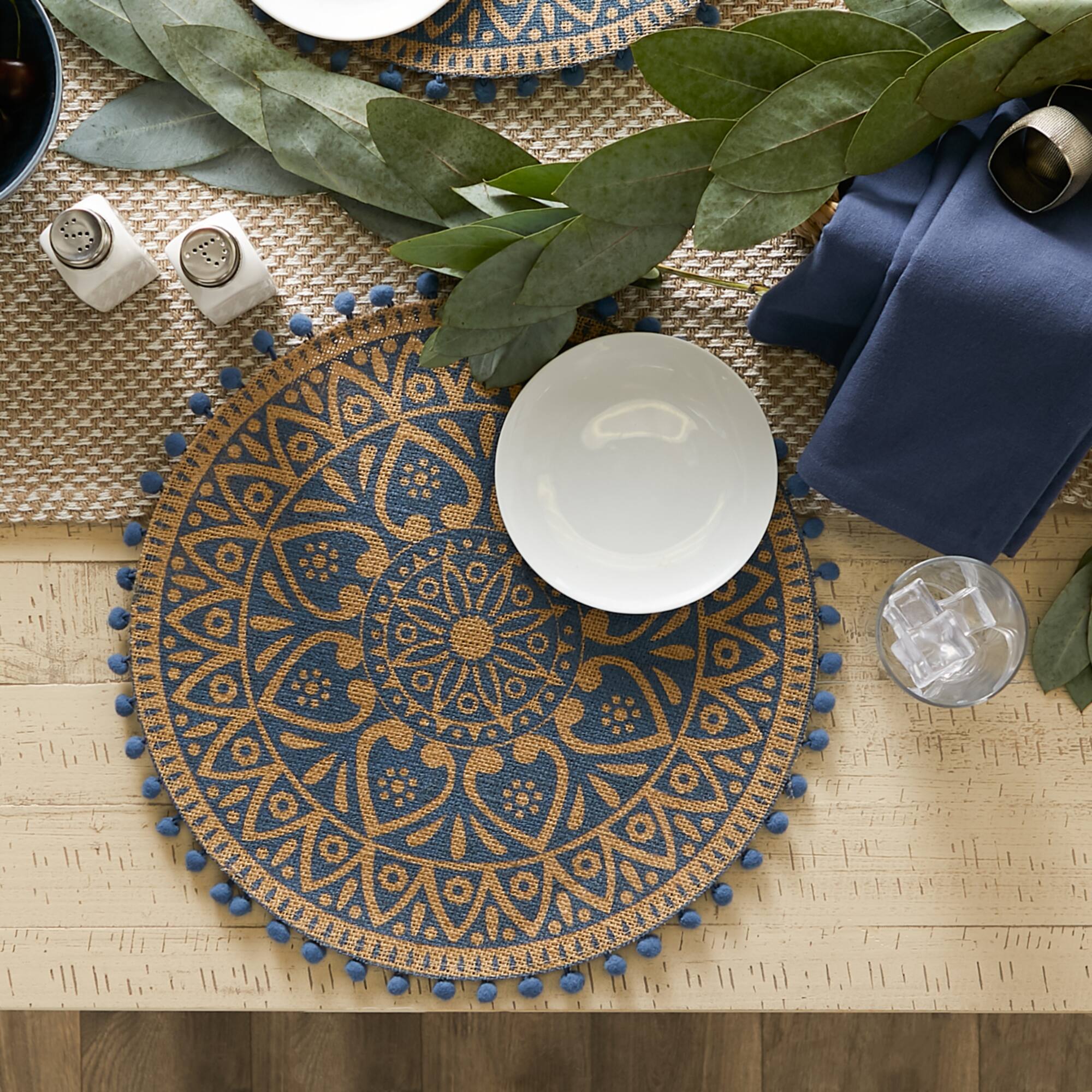 French Blue Block Print On Natural Round Jute Placemat (Set of 6)
